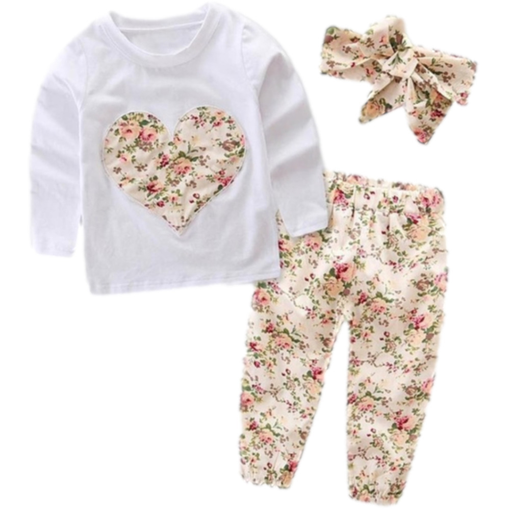 GIRLS Floral Heart Top & Pants with Bowknot Headband Outfit Set